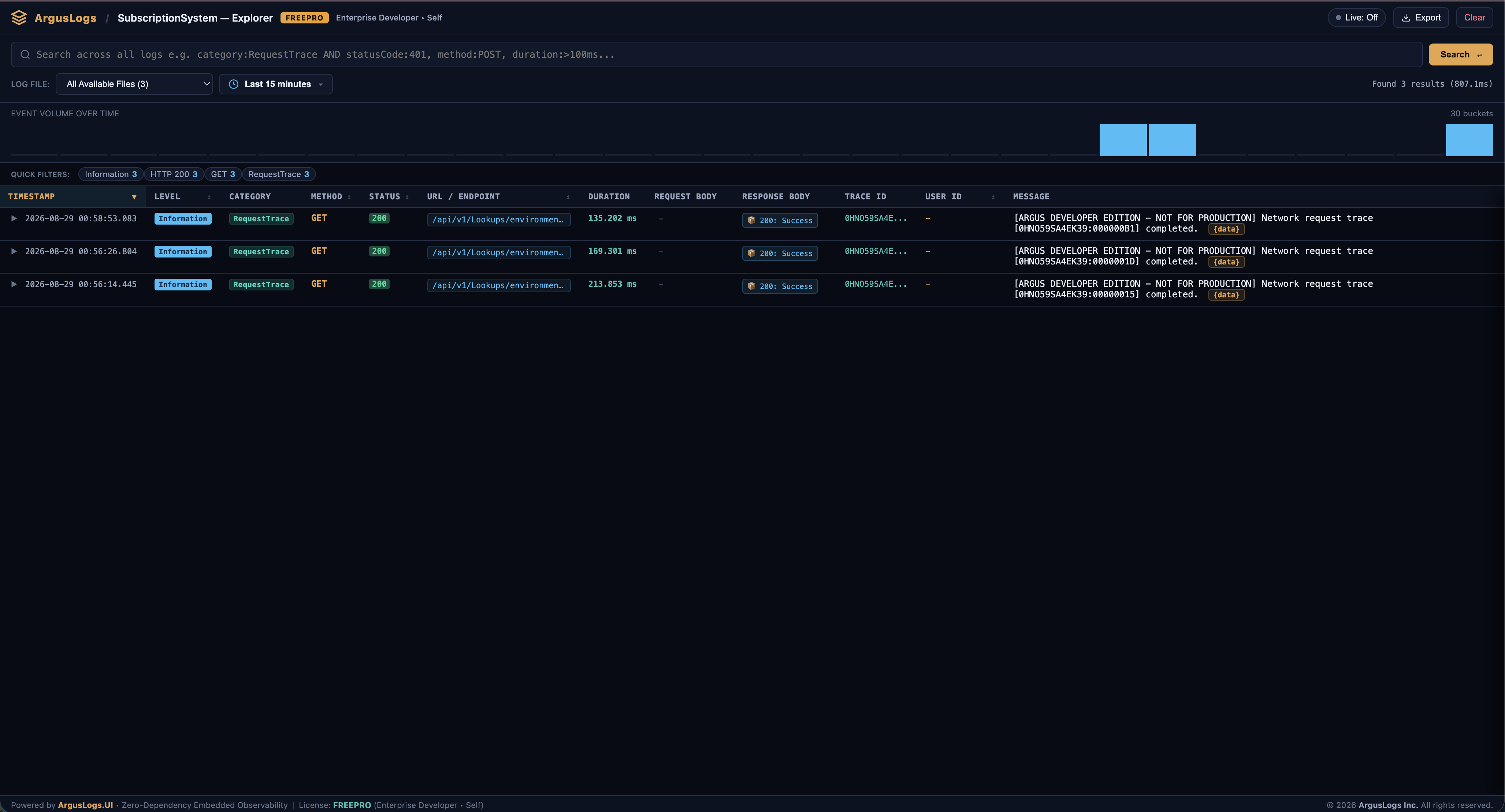 ArgusLogs.UI embedded diagnostics dashboard with log table, histogram, and KQL search bar